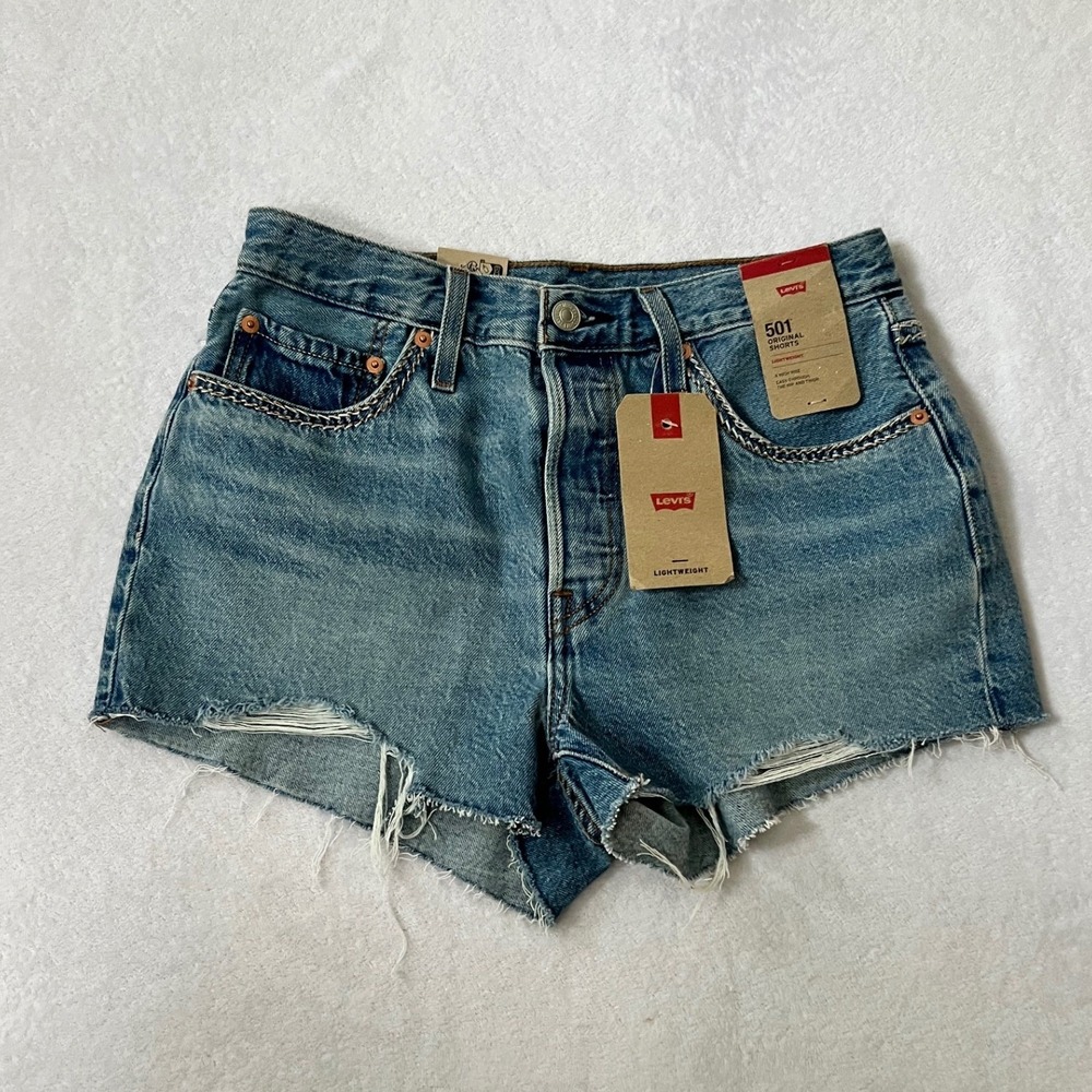 Levi's 501 Original Shorts Blue High Rise Chain Stitch Denim 28